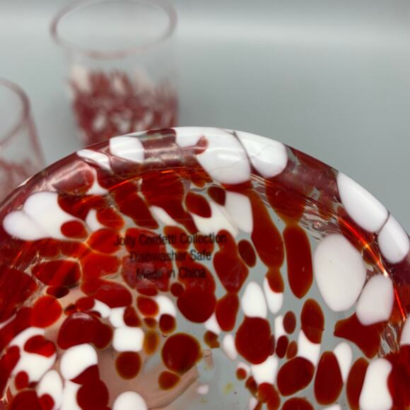 Home Studio Jolly Confetti Glasses Set 4 Red White Bubbles Splatter Handblown - Picture 7 of 10